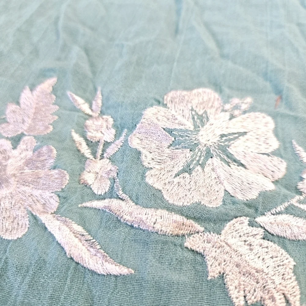 NEW Tommy Bahama Embroidered Blossoms Scarf Aqua and White Shawl Wrap